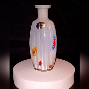 Murano opaque white millefiori vase. Height-6.5" with original paper label.